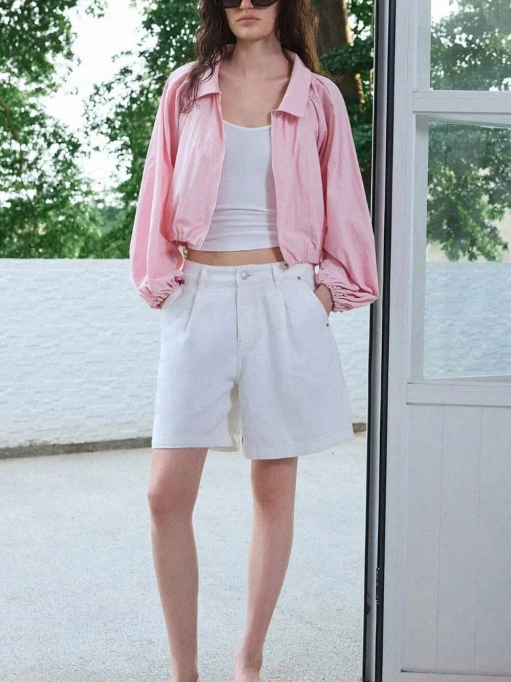 Pink Casual Women's Zip-Up Pleated Versatile Lightweight Jacket